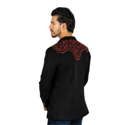 Platini Men's Black/Burgundy Embroidered Suede Blazer Suits
