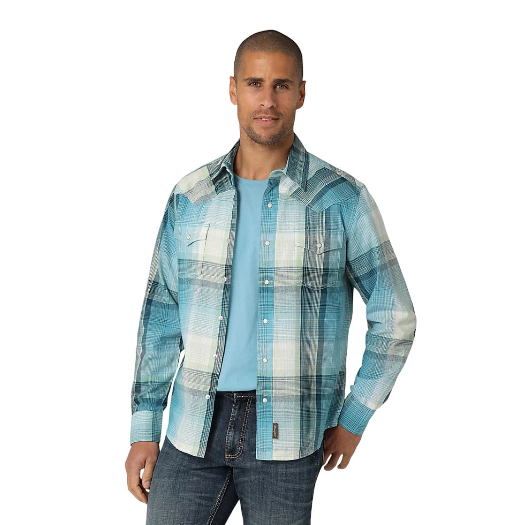 Wrangler Men's Retro Premium Long Sleeve Westerm Blue Shirt