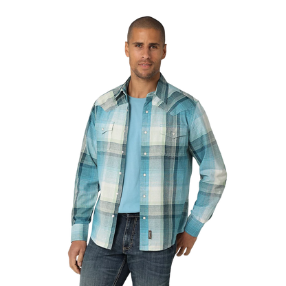 Wrangler Men's Retro Premium Long Sleeve Westerm Blue Shirt