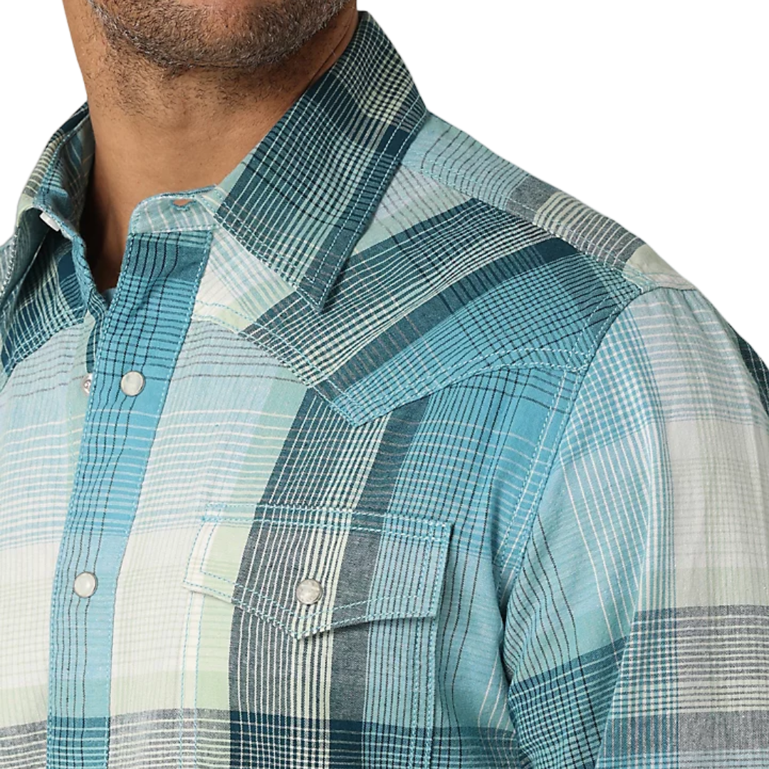 Wrangler Men's Retro Premium Long Sleeve Westerm Blue Shirt