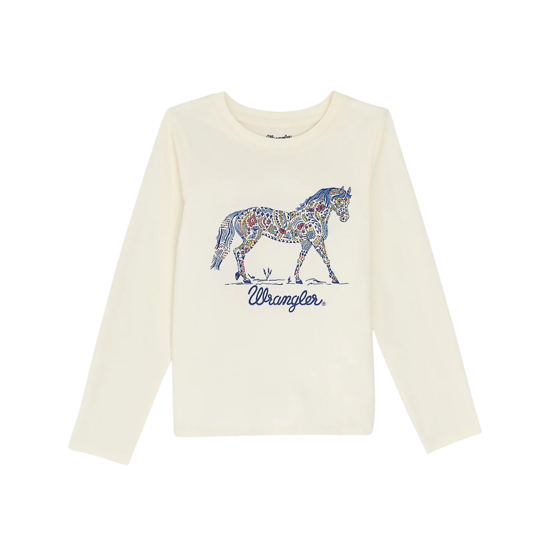 Wrangler Youth Girl's Horse Logo Long Sleeve White Tee Shirt