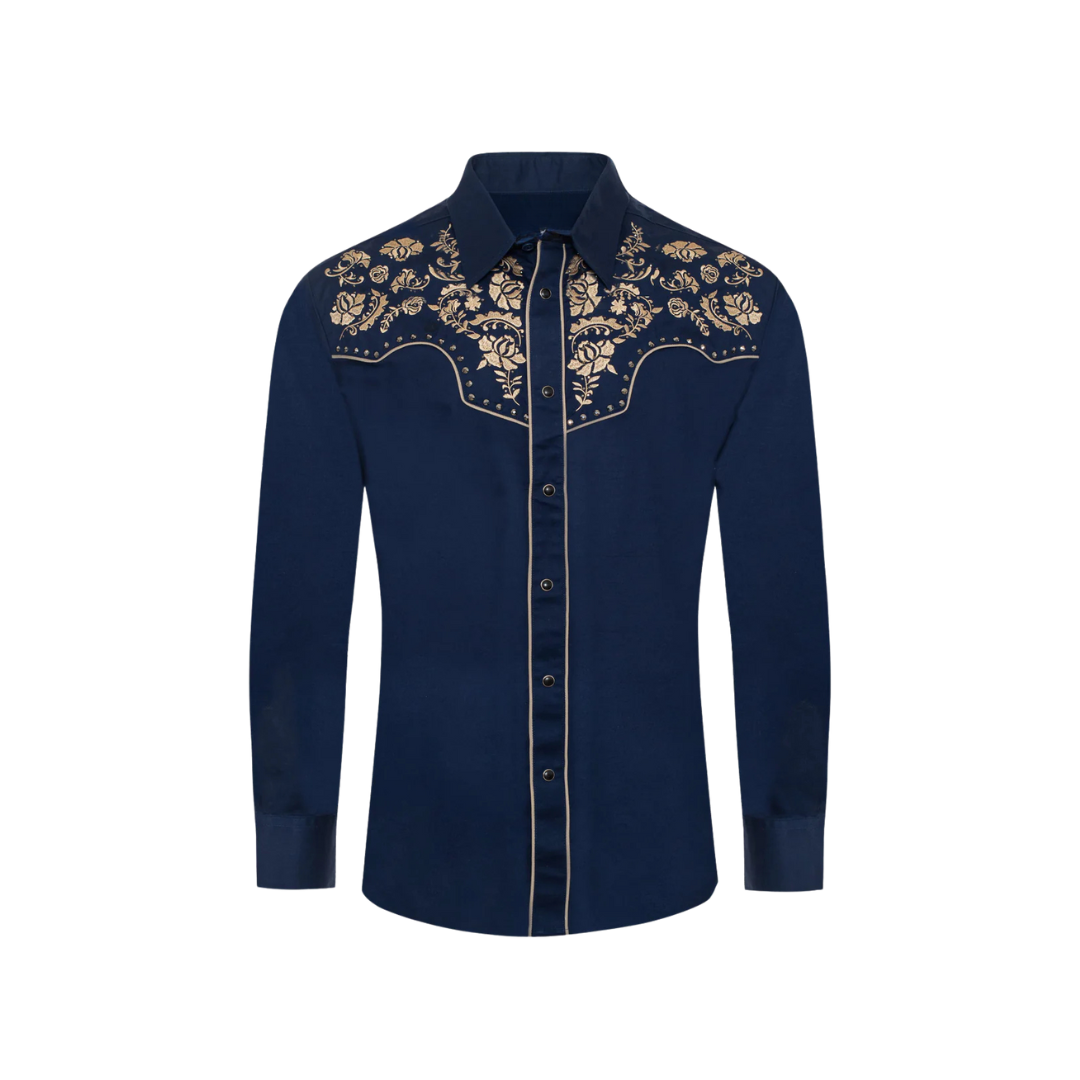 Avalon Men's Embroidery Snap Blue Shirt