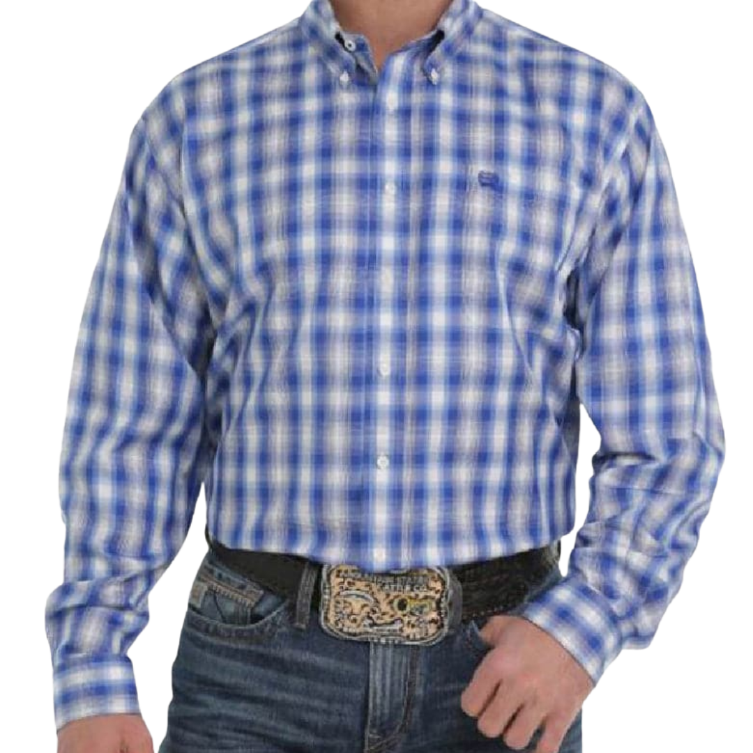 Cinch Men's Plaid Long Sleeve Blue Shirt