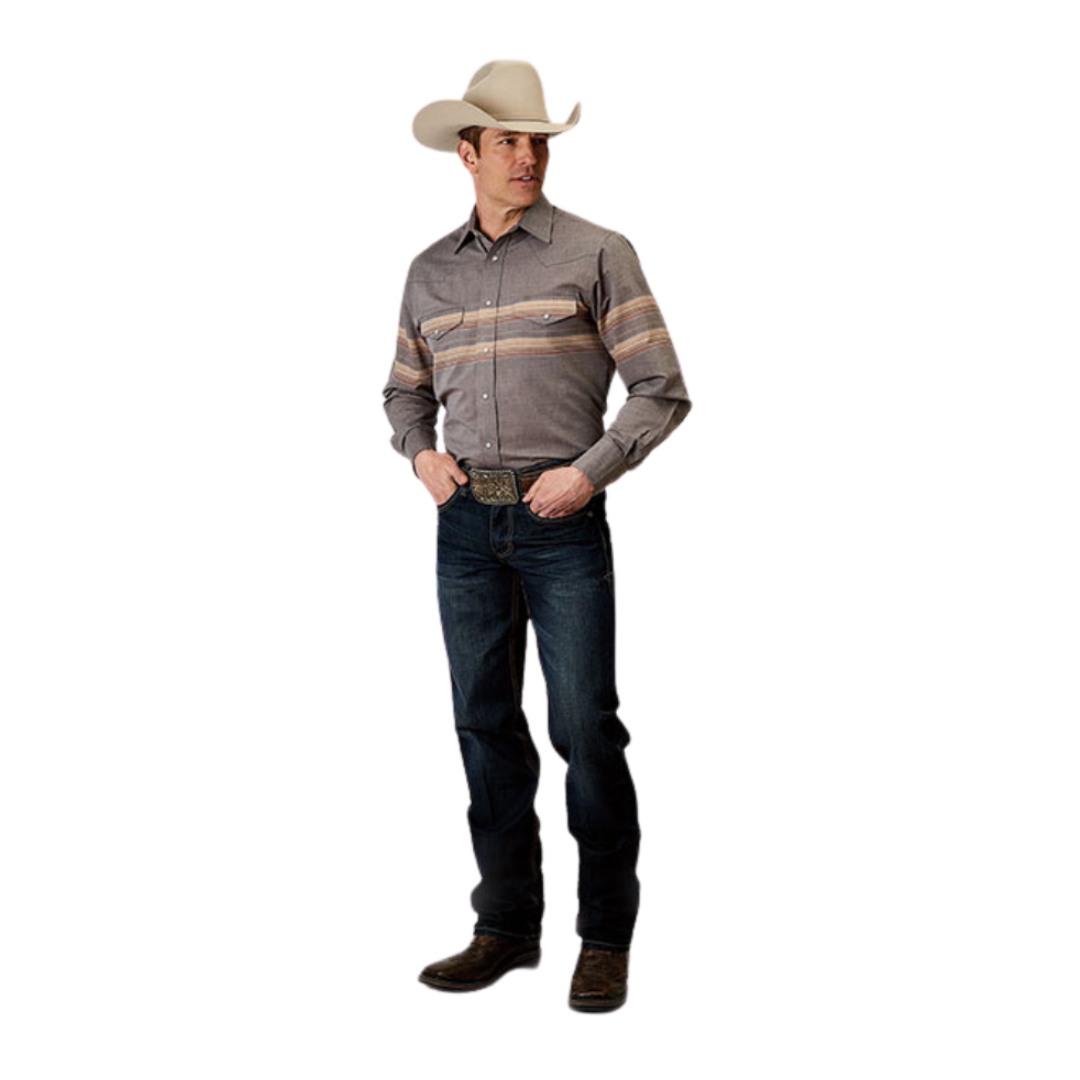 Roper Men's Border Stripe Grey Shirt
