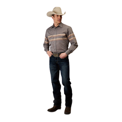 Roper Men's Border Stripe Grey Shirt