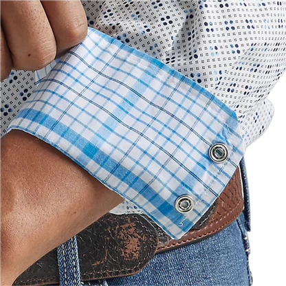Wrangler Men's Competition Advanced Comfort Snap White and Blue Print Shirt