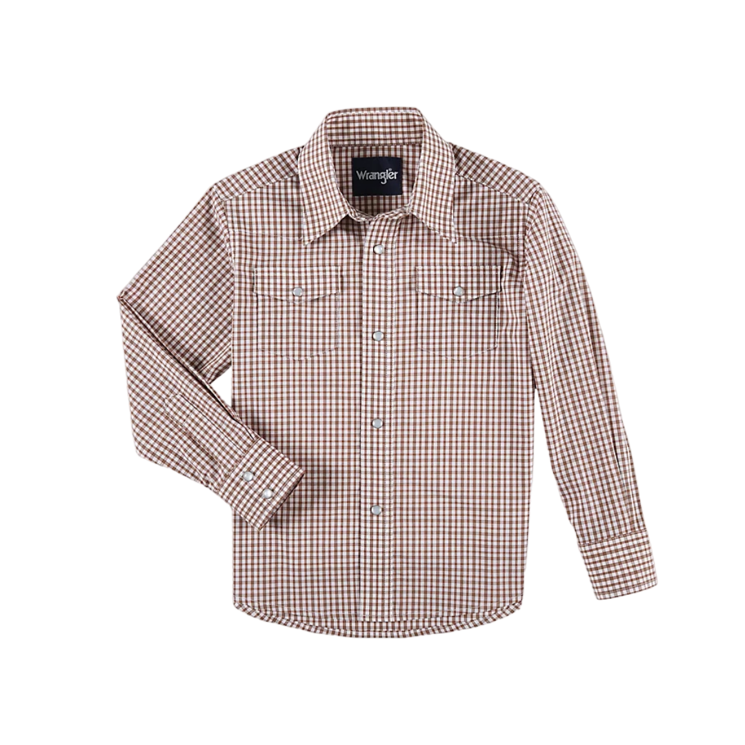 Wrangler Youth Boy's Wrinkle Western Plaid Brown Shirt - Big & Tall