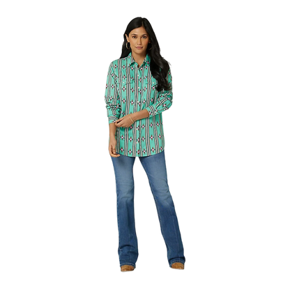 Wrangler Women's Long Sleeve Stripe Snap Green Print Shirt