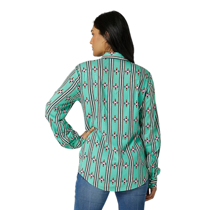 Wrangler Women's Long Sleeve Stripe Snap Green Print Shirt