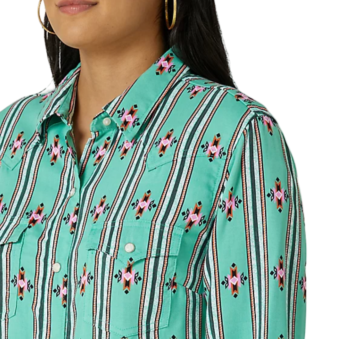 Wrangler Women's Long Sleeve Stripe Snap Green Print Shirt