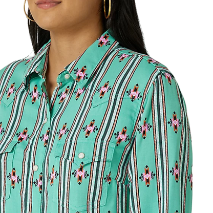Wrangler Women's Long Sleeve Stripe Snap Green Print Shirt