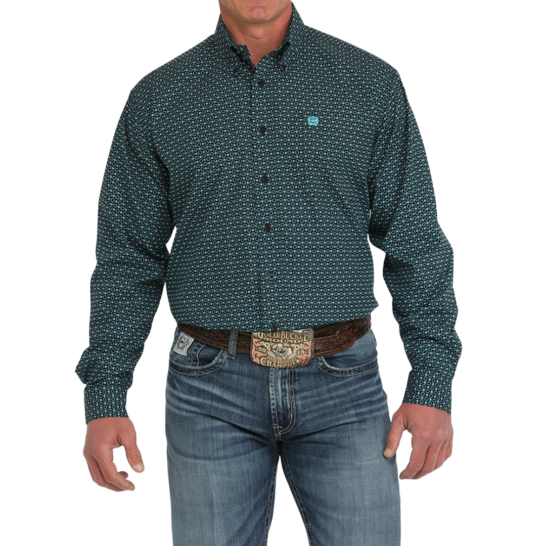 Cinch Men's Geometric Print Button Down Green Shirt