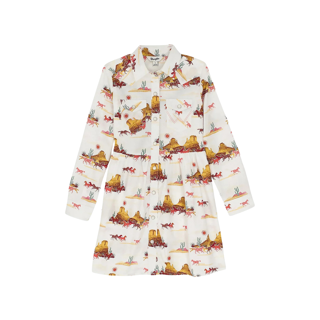 Wrangler Youth Girl's Print Long Sleeve White Dress