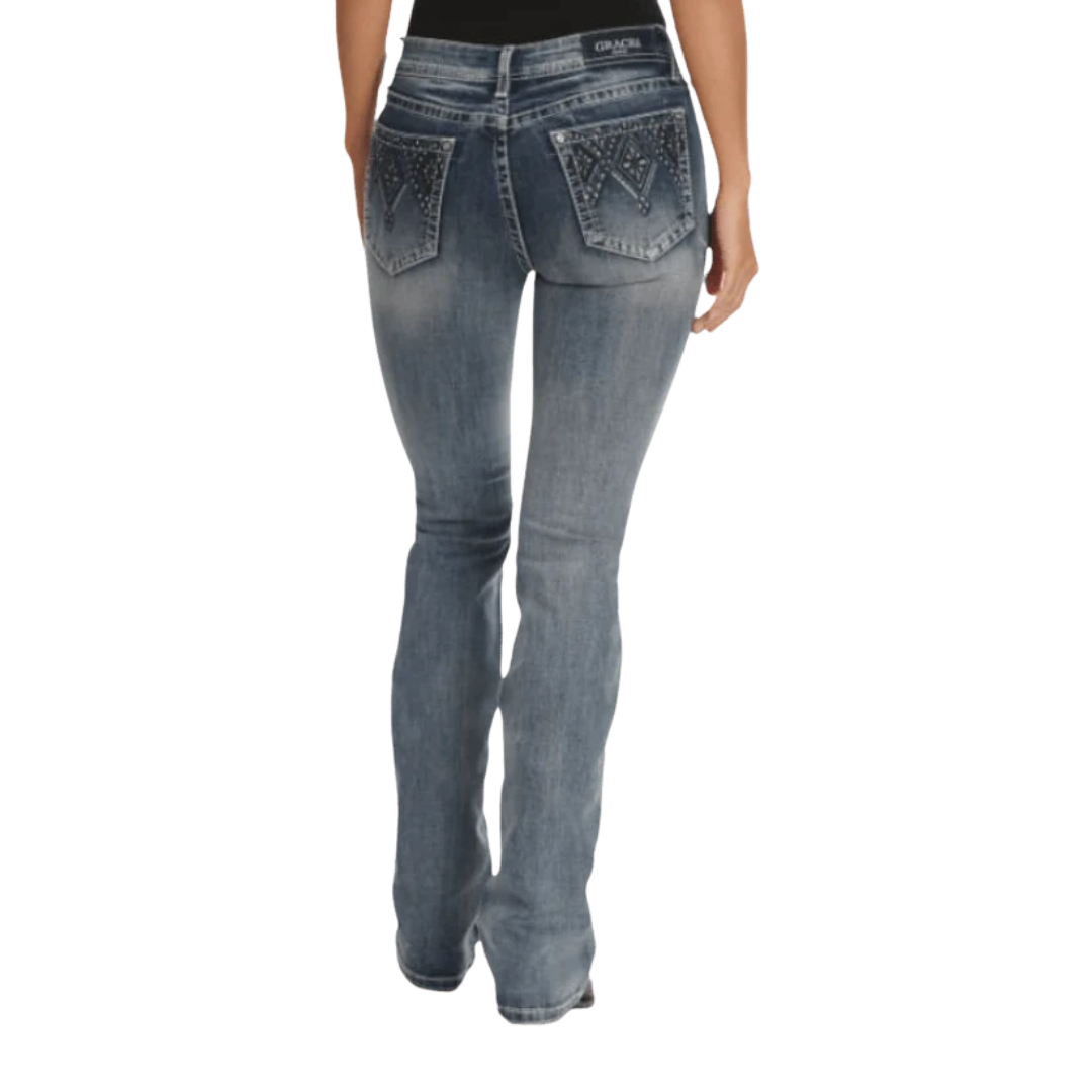 Grace In LA Women's Diamond Embossed Mid Rise Blue Jeans