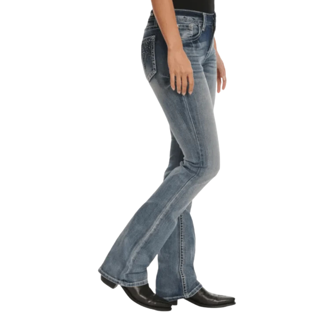 Grace In LA Women's Diamond Embossed Mid Rise Blue Jeans