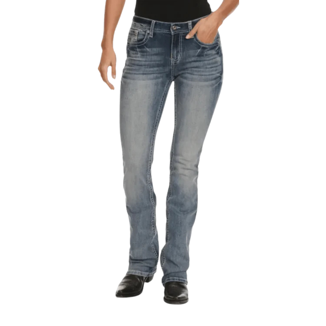 Grace In LA Women's Diamond Embossed Mid Rise Blue Jeans