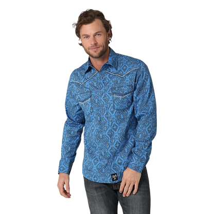 Wrangler Men's Rock 47 Long Sleeve Snap Blue Shirt