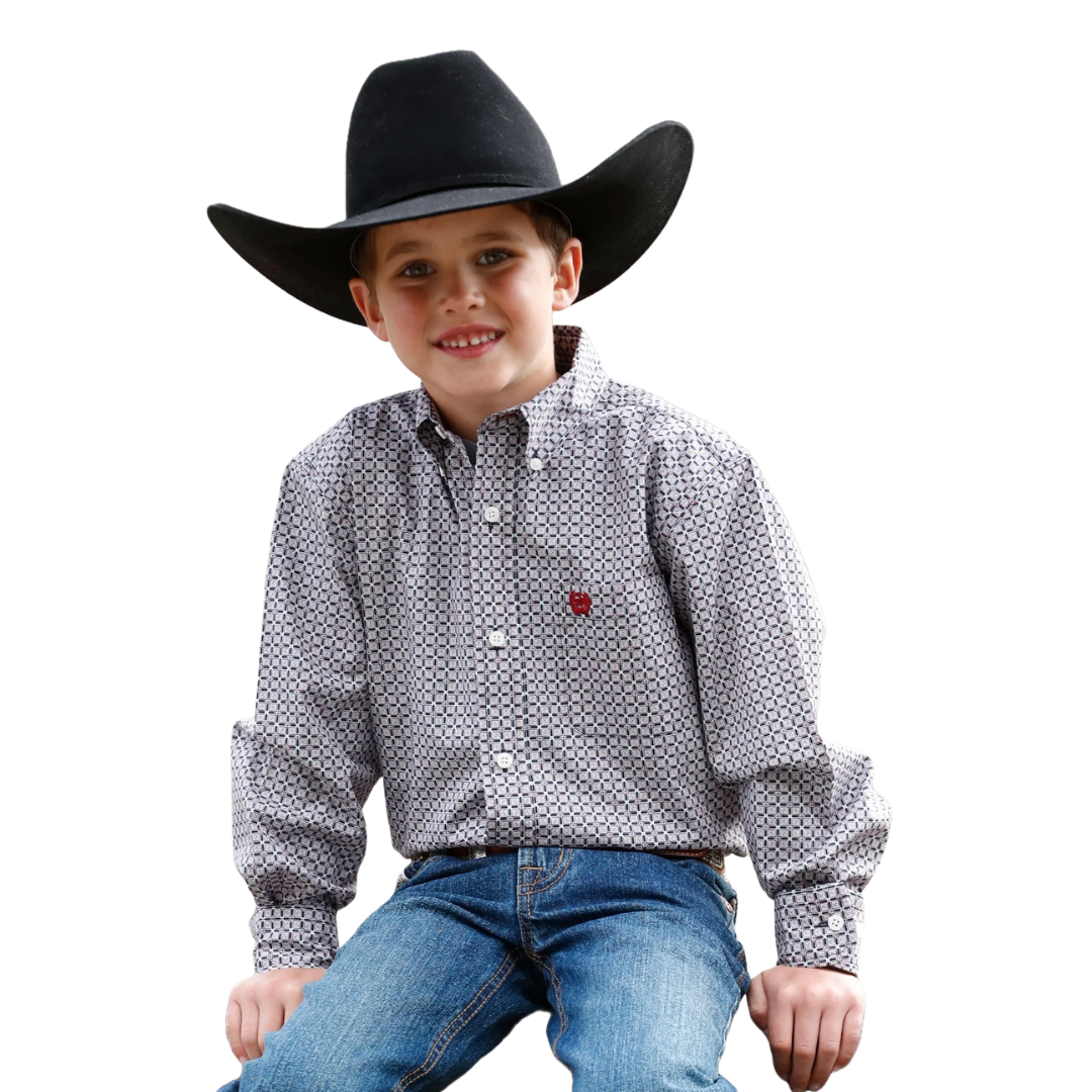 Cinch Youth Boy's Geo Plaid Grey Shirt