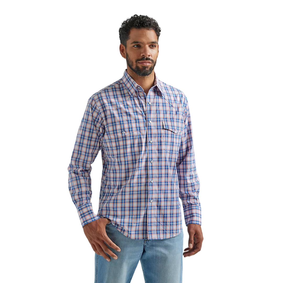Wrangler Men's Long Sleeve Western Blue Orange Shirt