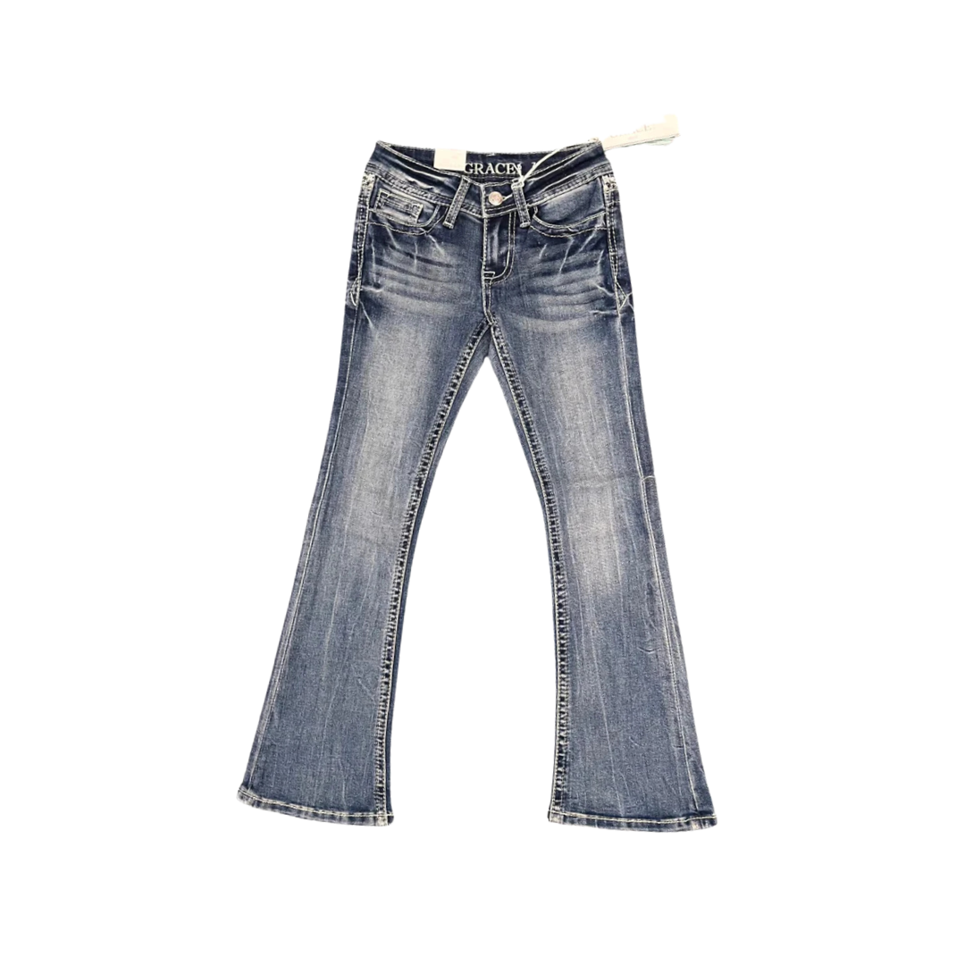 Grace In La Youth Girl's Floral Embroidered Bootcut Blue Jeans