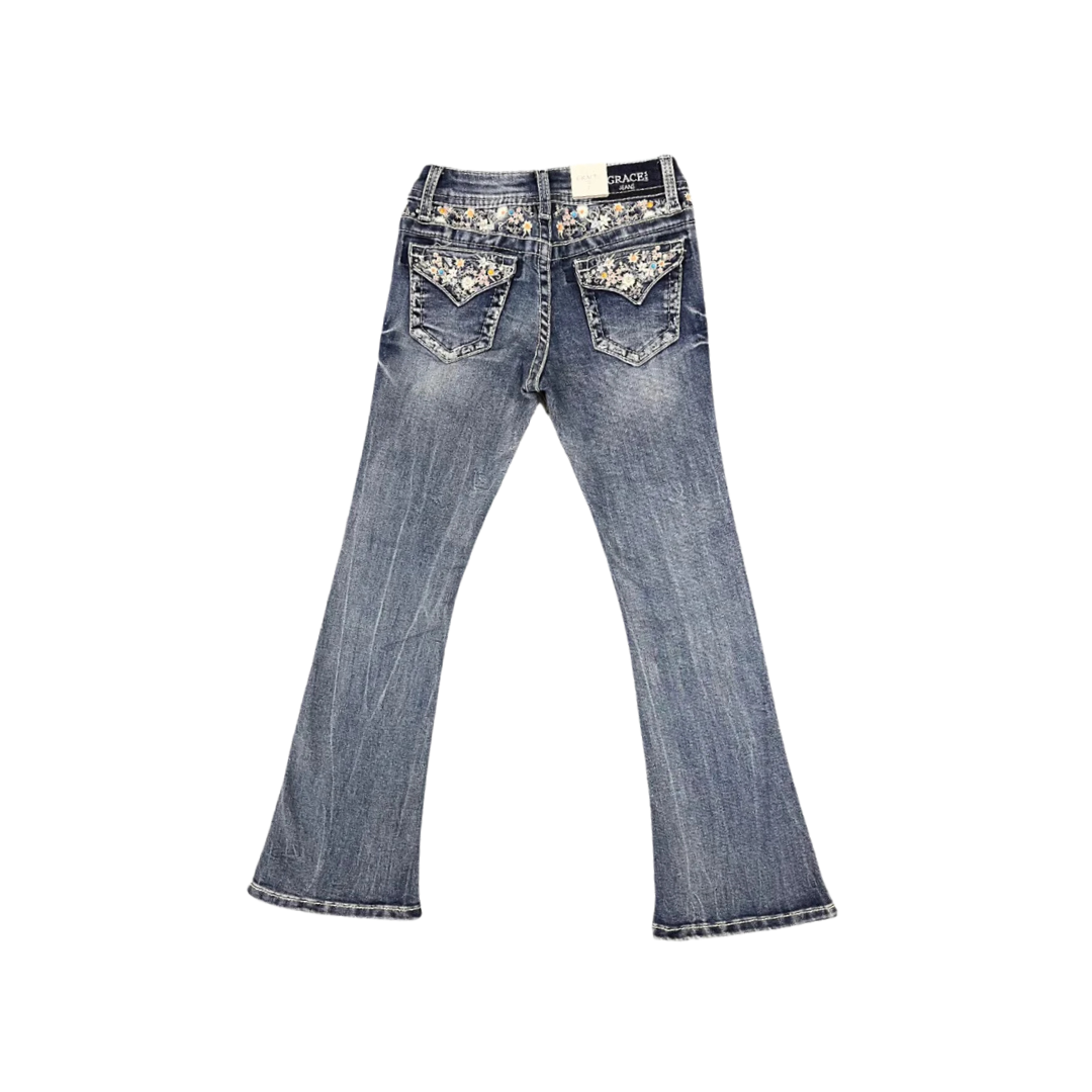 Grace In La Youth Girl's Floral Embroidered Bootcut Blue Jeans