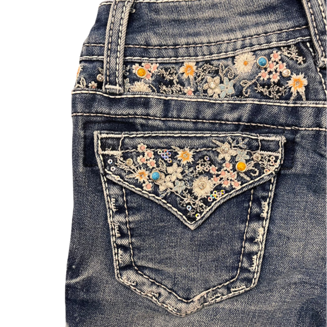 Grace In La Youth Girl's Floral Embroidered Bootcut Blue Jeans
