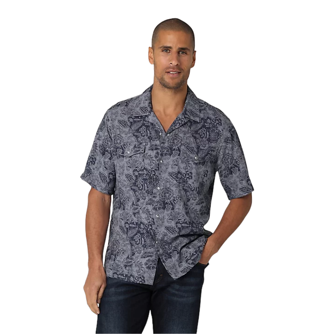 Wrangler Men's Cowboy Snap Front Camp Tropical Blue Shirt