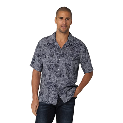 Wrangler Men's Cowboy Snap Front Camp Tropical Blue Shirt