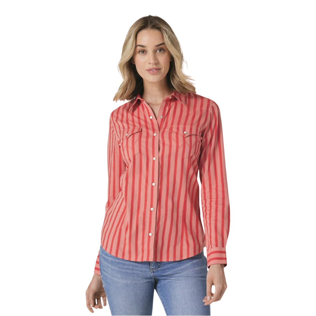 Wrangler Women's Striped Long Sleeve Red Shirt