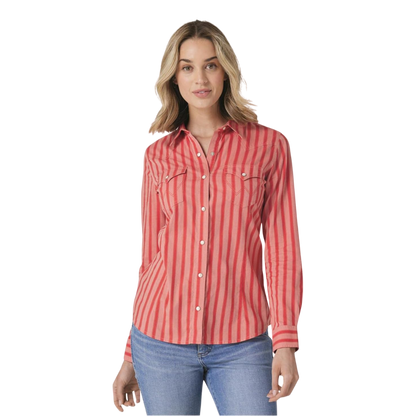 Wrangler Women's Striped Long Sleeve Red Shirt