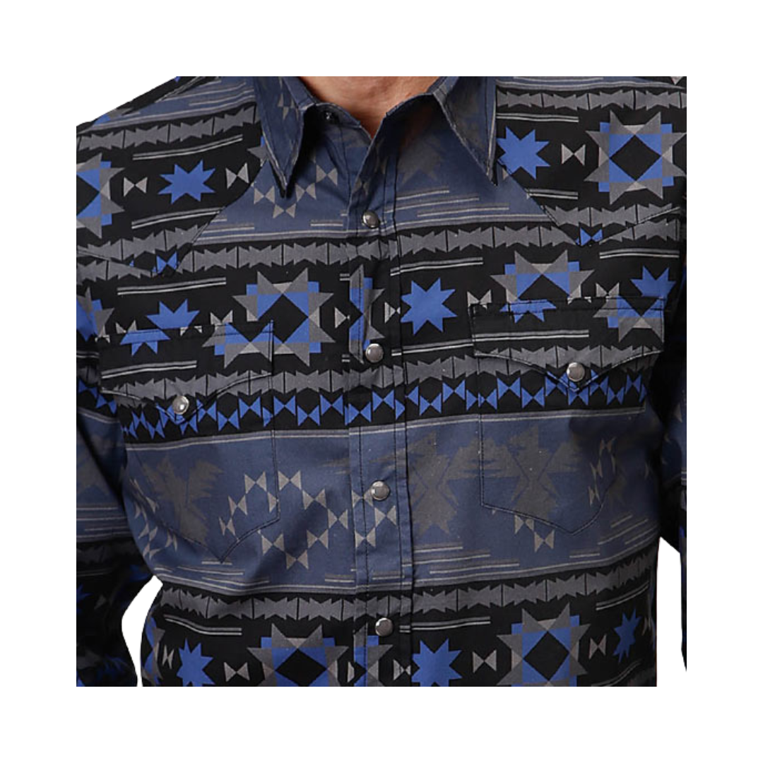 Roper Men's Horizontal Aztec Print Blue Shirt