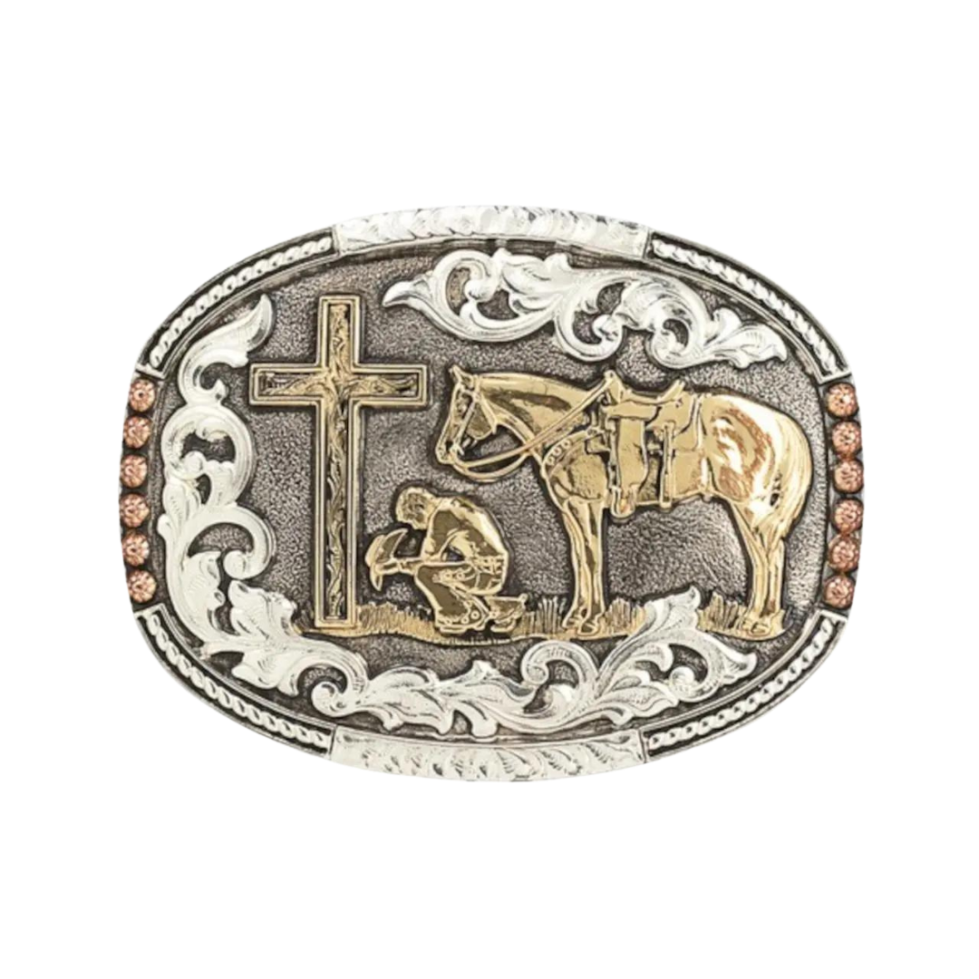 Crumrine Men's Oval Cowboy Prayer Silver Grey Buckle
