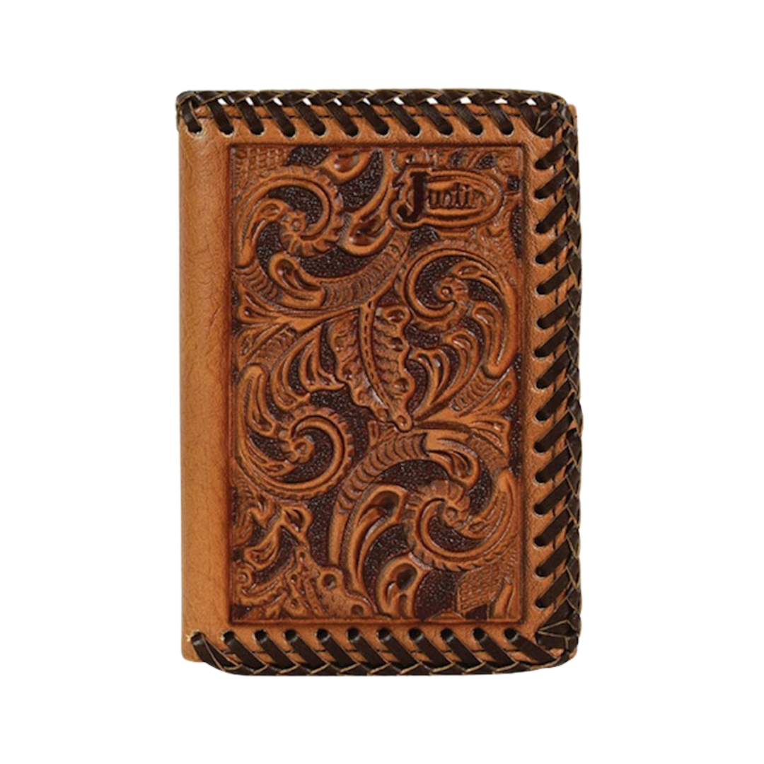 Justin Trifold Tooled Whipstitch Brown Wallet