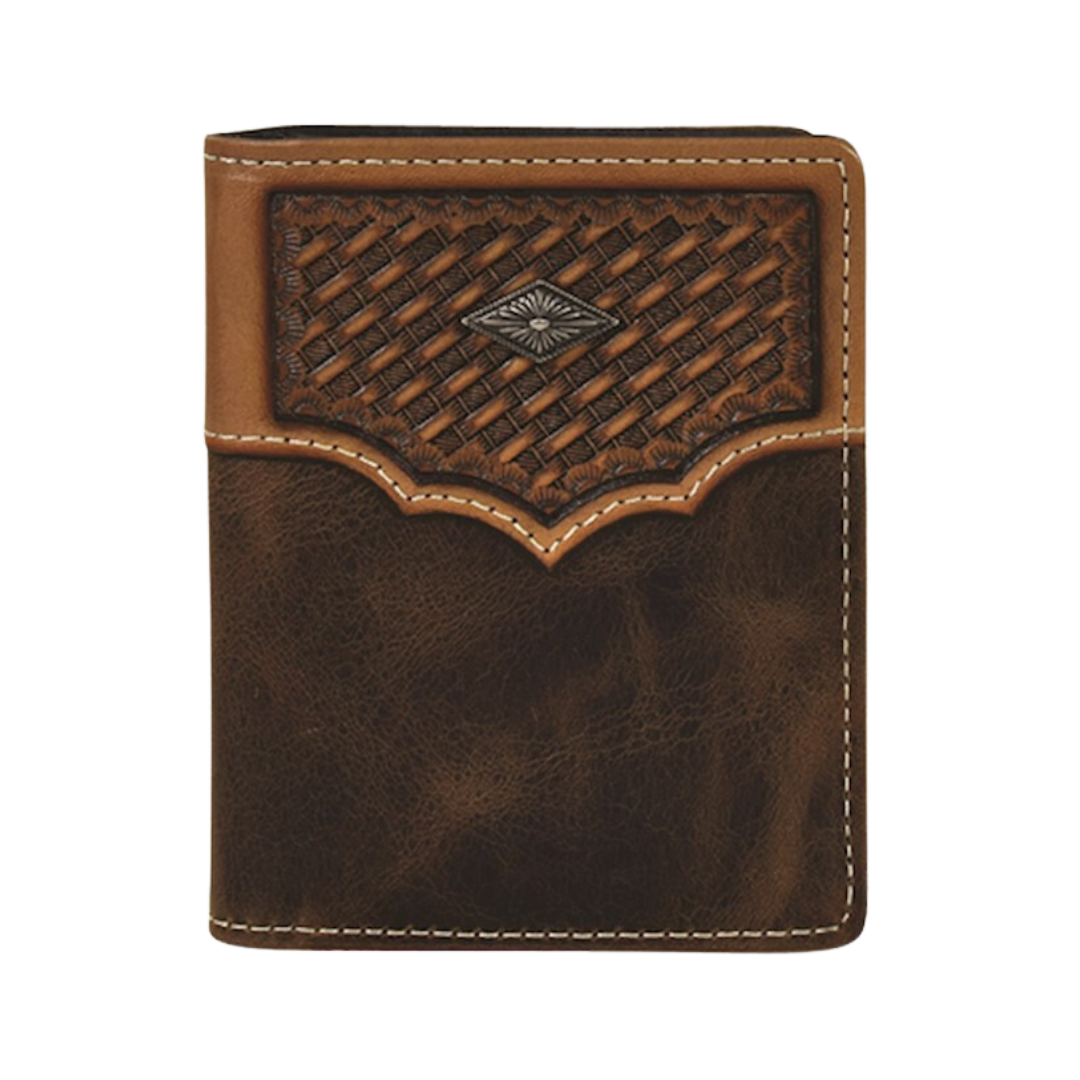 Justin Men's Basket Weave Yoke Brown Wallet - Genuine Leather Style