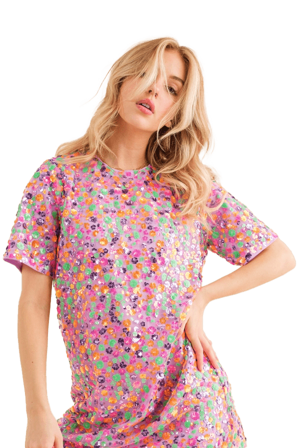 Blueb Sequin Floral Embellished Multi T-Shirt Dress