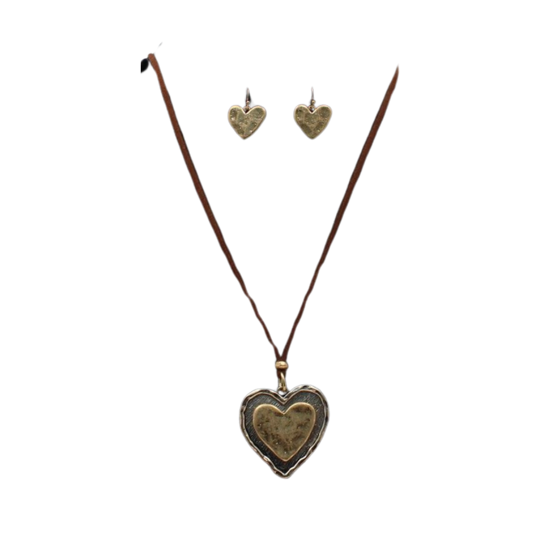 Silver Strike Women's Heart Leather Brown Necklace And Earrings