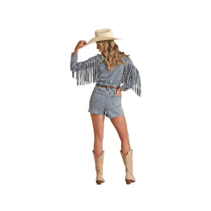 Rock &amp; Roll Denim Ladies Medium Wash Fringe Denim Romper