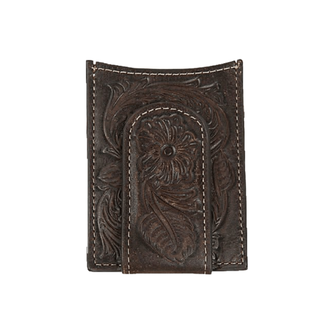 Ariat Men's Floral Tooling Leather Dark Brown Card Case