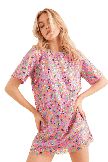 Blueb Sequin Floral Embellished Multi T-Shirt Dress