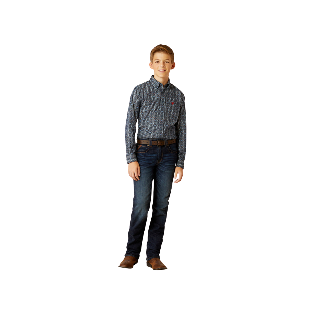 Ariat Youth Boy's Rochard Button Up Chambray Blue Shirt