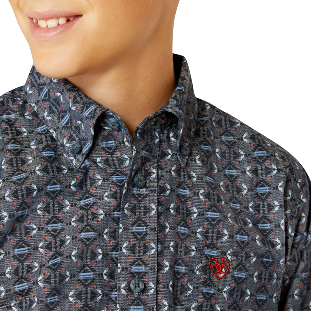 Ariat Youth Boy's Rochard Button Up Chambray Blue Shirt
