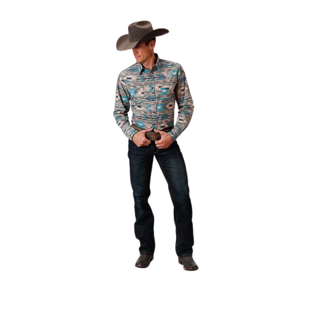 Wrangler Men's Long Sleeve Horizontal Aztec Print Blue Shirt