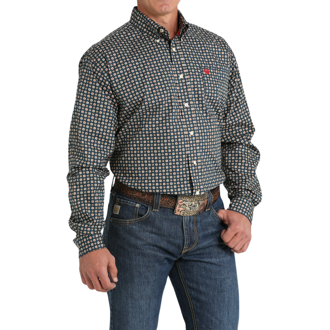 Ariat Men's Stretch Medallion Print Button Down Western Navy Shirt