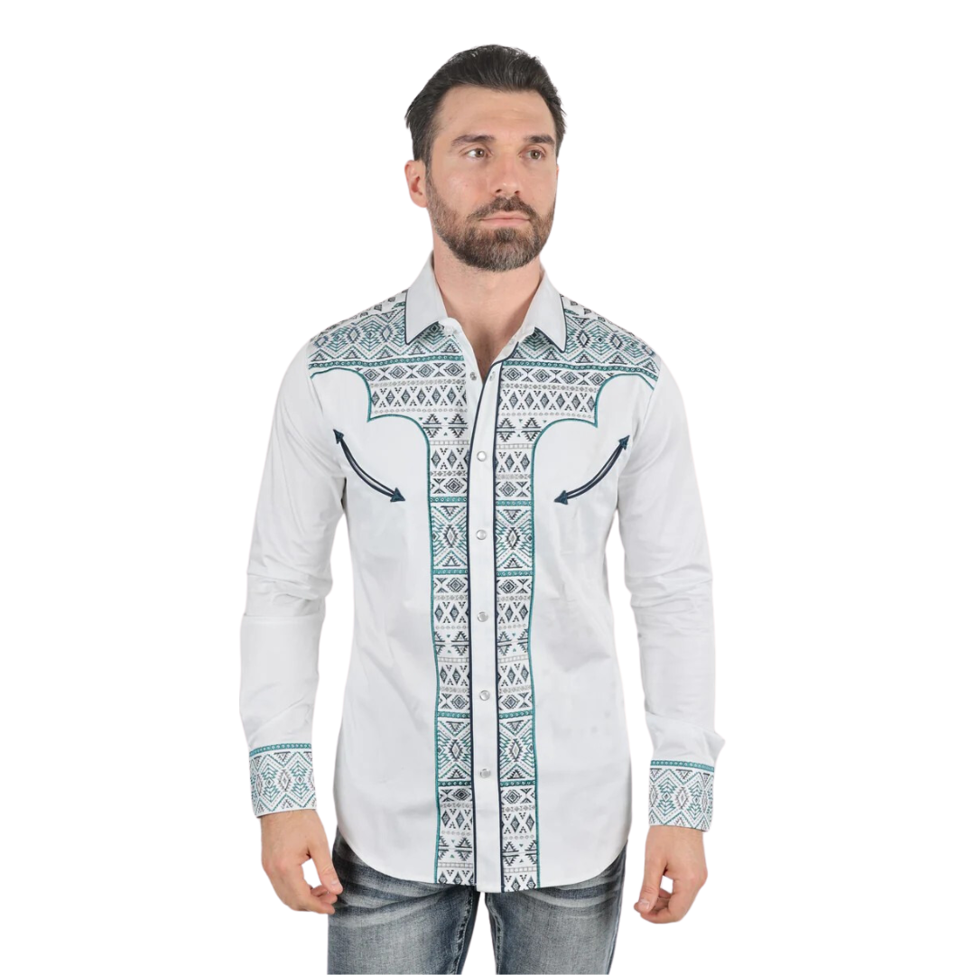 Platini Men's Modern Fit Stretch Aztec Embroidery White Shirt