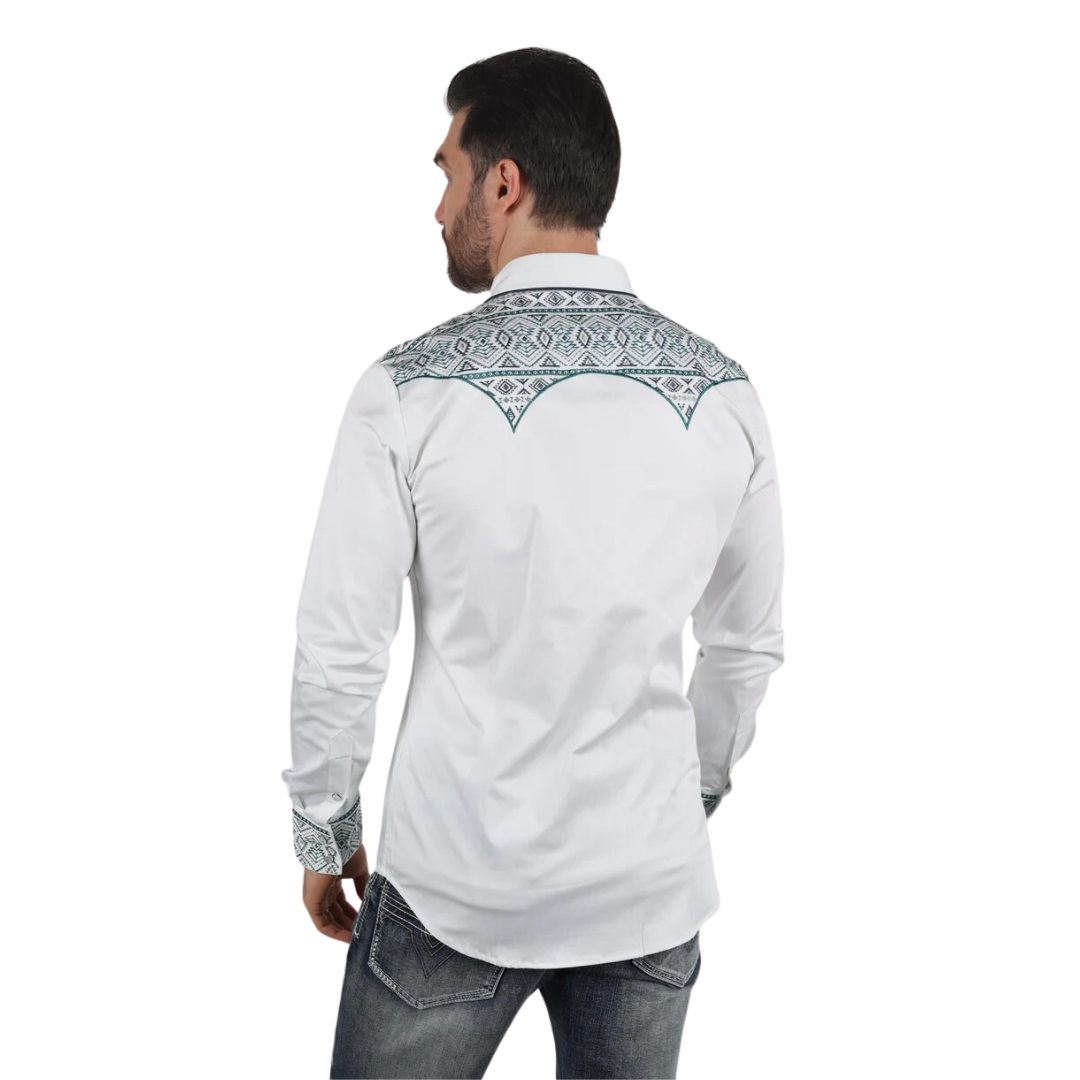 Platini Men's Modern Fit Stretch Aztec Embroidery White Shirt