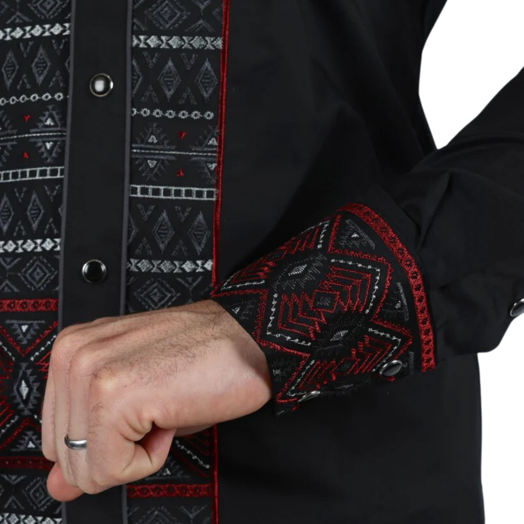 Platini Men's Modern Fit Stretch Aztec Embroidery Black Shirt