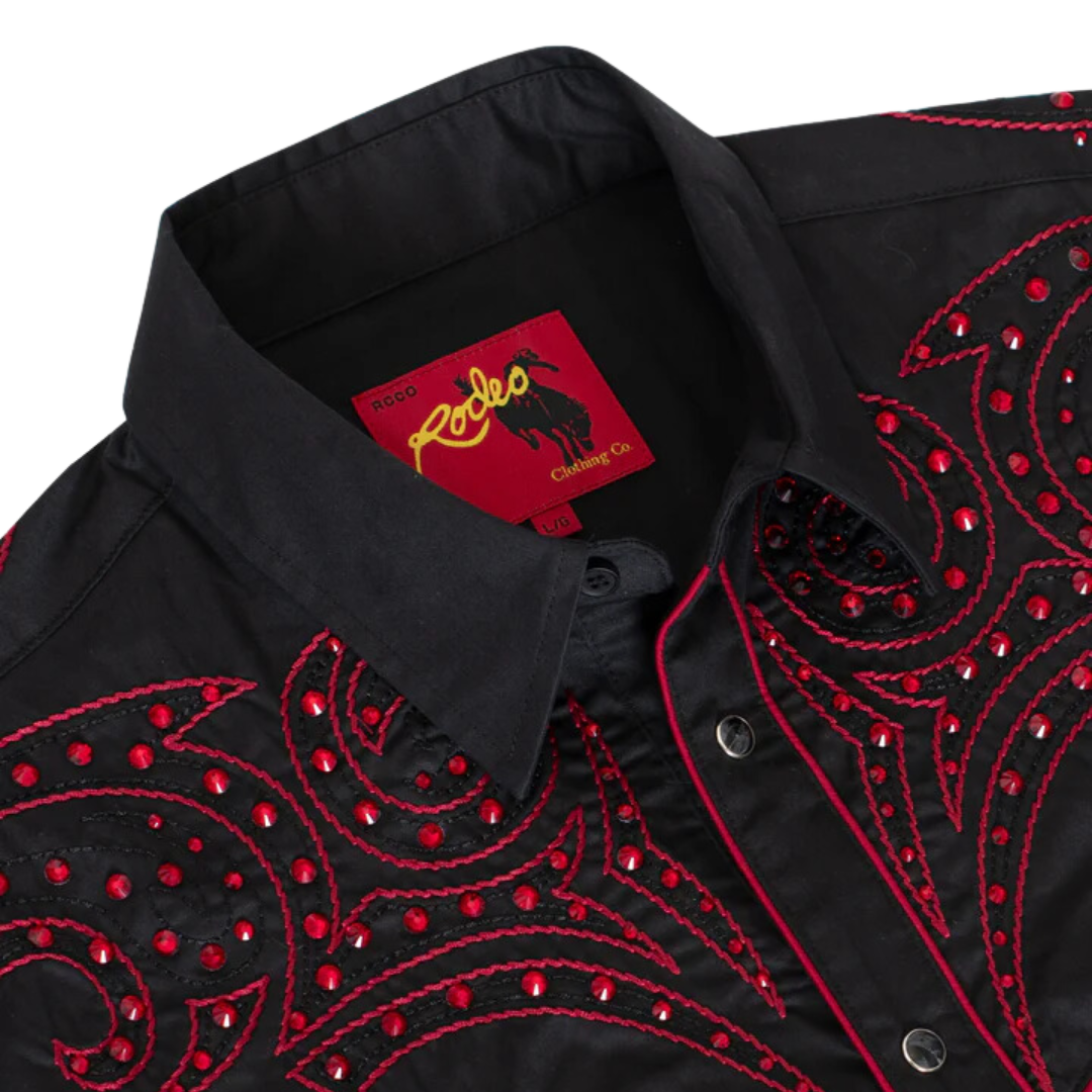 Avalon Men's Western Cowboy Embroidery Black And Red Shirt
