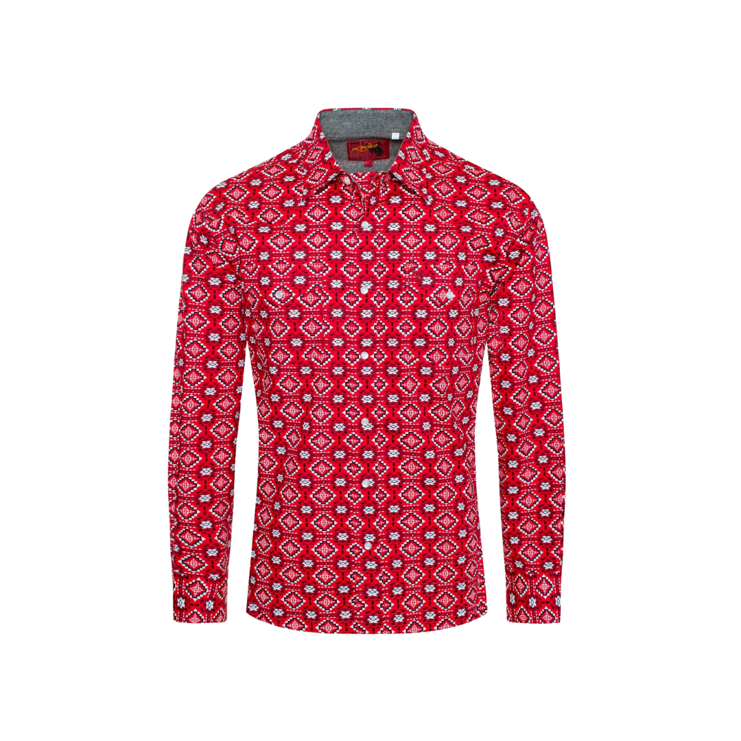 Avalon Men's Western Pearl Snap Aztec Print Red Shirt