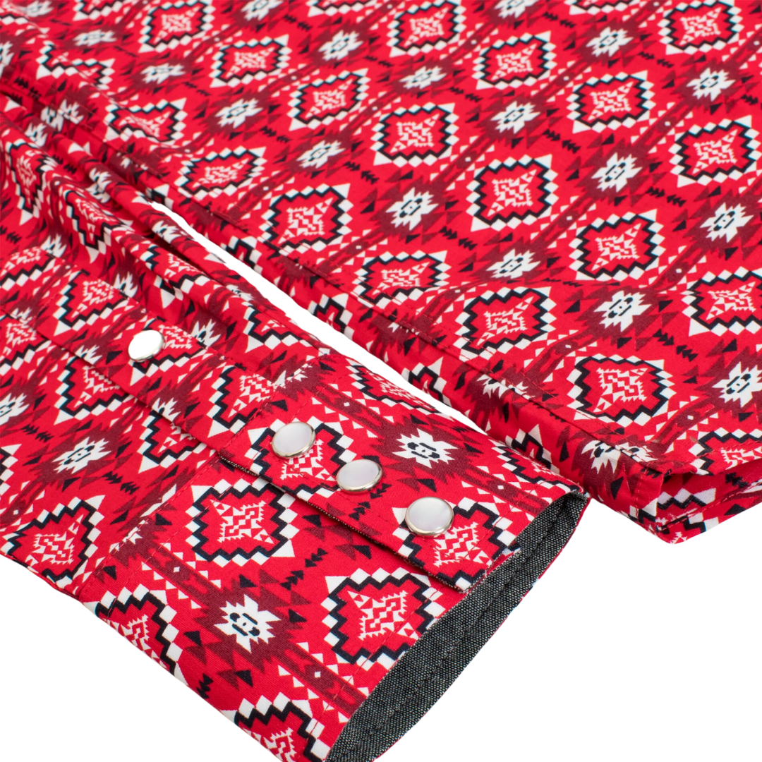 Avalon Men's Western Pearl Snap Aztec Print Red Shirt