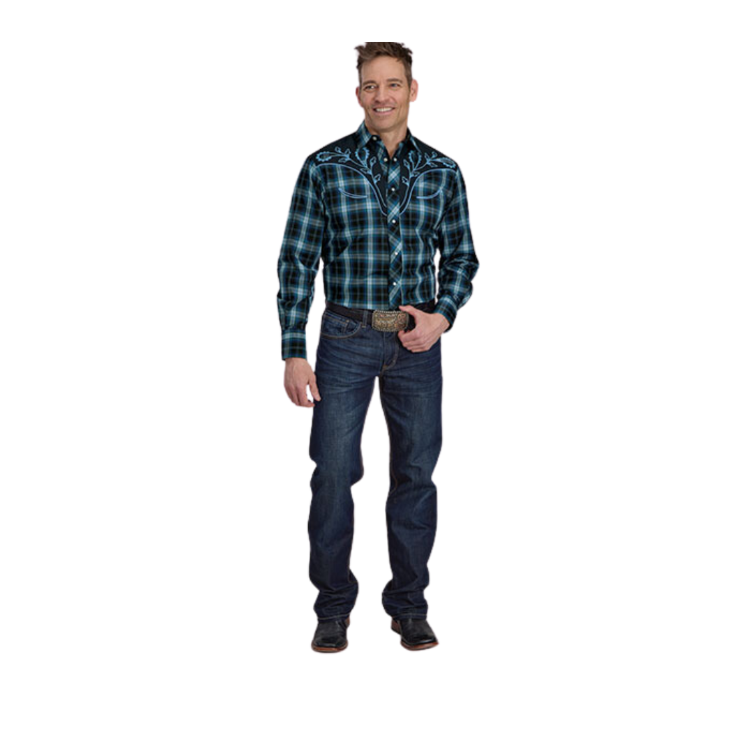Roper Men's Windowpane Plaid Blue Shirt